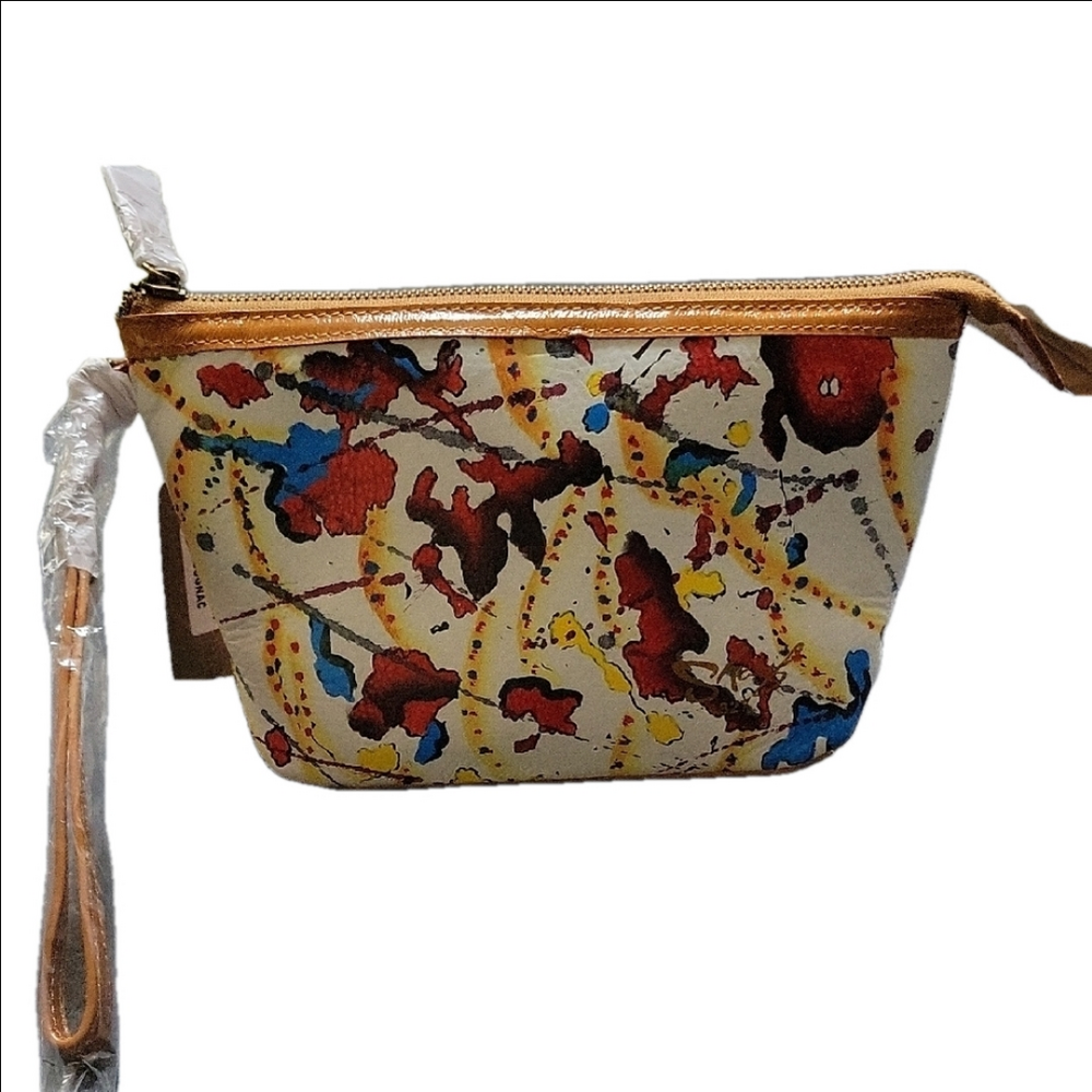 New Handpained Leather Colorful Abstract Print Women's Bag Wristlet Large